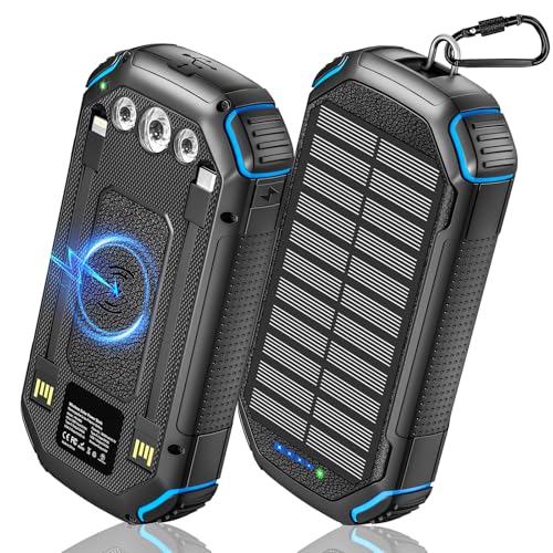 Wireless Solar Powerbank 26,800mAh mit 3 Kabeln, Power Bank USB-C 4 Ausgänge 3 Eingänge 15W Schnelles Aufladen Outdoor Externer Akku für Handy, Tragbares Ladegerät mit Taschenlampe,
