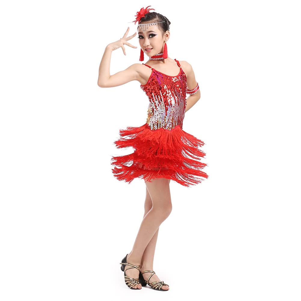 Girl's Sequin Tassel Dress Latin Dance Skirt Clothes Sparkling Fringe Figure Skating Dresses Kids Ballroom Dancewear