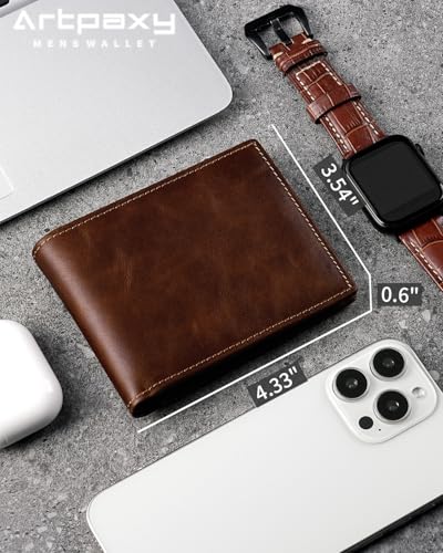 Image of Artpaxy Mens Wallet Bifold Genuine Leather RFID Blocking Wallet for Men with 2 ID Windows 11 Card Holders 2 cash pockets 1 Gift Box