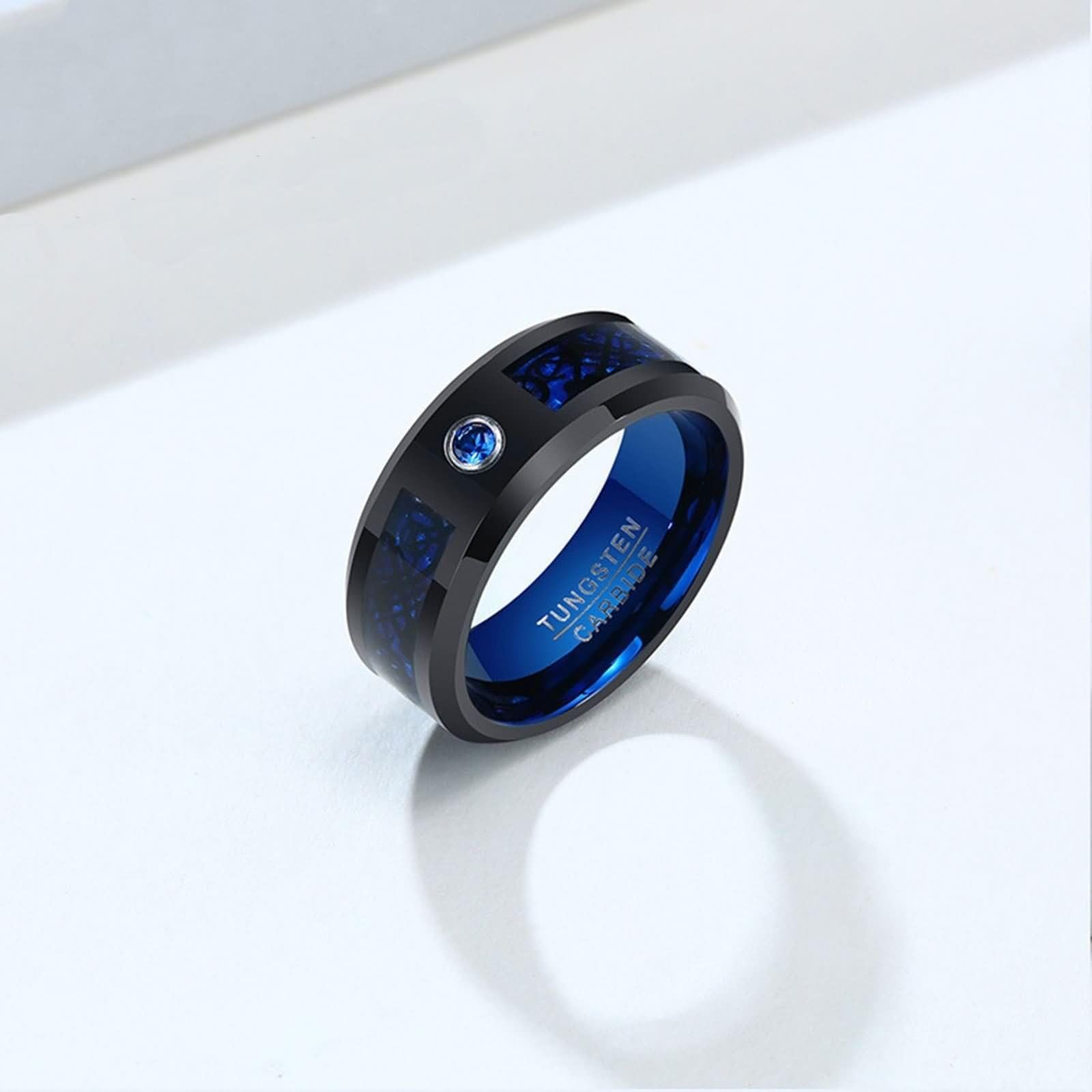 Daesar Bague de Fiancaille Couple, Anneau Femme et Homme Tungstène Ronde Fibre de Carbone Polie 8MM avec Zirconium Bague Mariage Noir Bleu