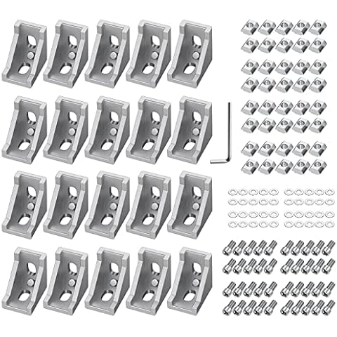 EYPINS 20 Pcs 2020 Aluminum Extrusion Angle Mounting Brackets, 90 Degree Corner Connector 2020 Extrusion Profile L-shape Angle Joint Brace Brackets with 6mm Slots, M6 Hexagon Screws and T-Nuts Cover
