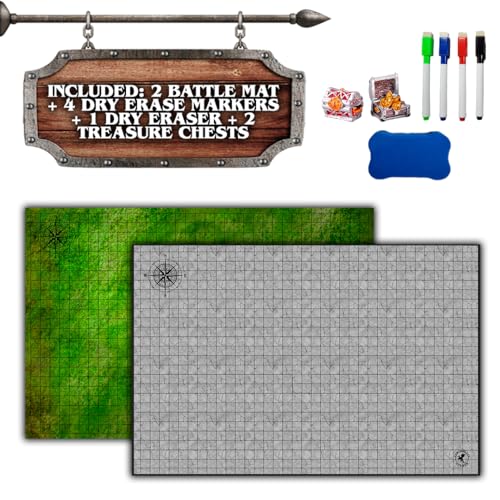 POWER BEAST Dungeon 2X Grid Game Mat + 4 Marker und Radiergummi + 2 Schatztruhen, Role Playing Game Board, Brettspiele Accesorie, D&D, Kriegsspiele, Pathfinder, Dungeons and Dragons, DND, RPG.