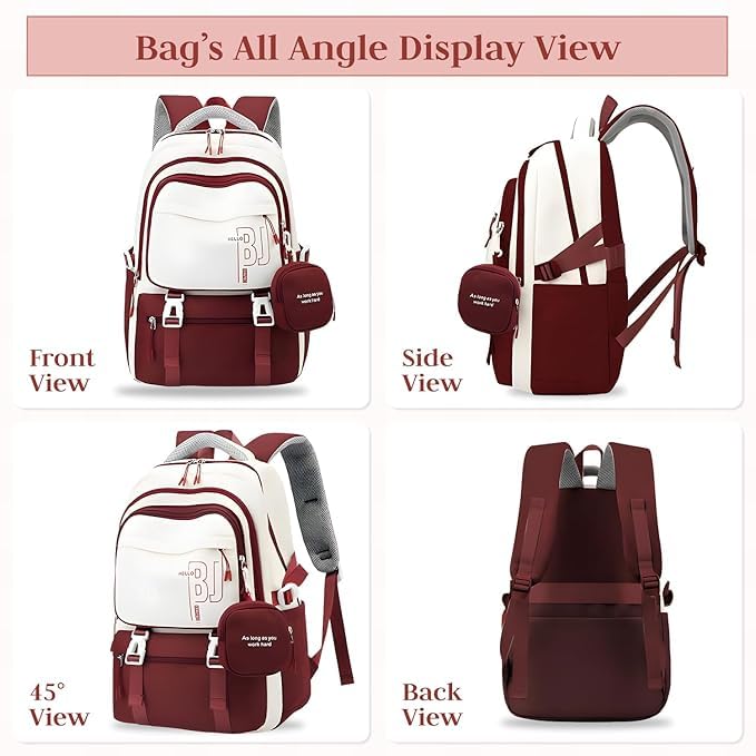 Image of Girls School Backpack with Small Zipper Pouch Fashion Nylon Backpack Multi Compartment Large Capacity Bag with Padded Shoulder Straps & Handle for School Travel Camping College