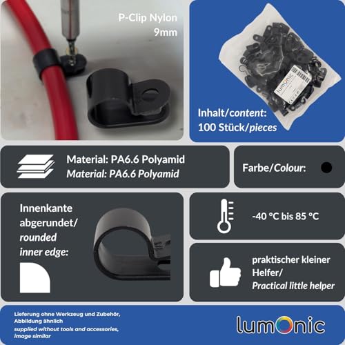Lumonic 100x P-Clip Cable Management for 9mm, Black Nylon Cable Clamps, 9 mm - Image 3