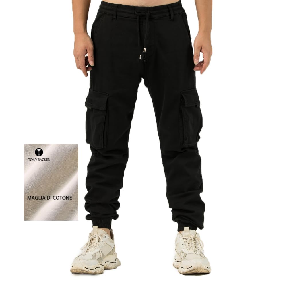 TONY BACKER Pantaloni Cargo Uomo in Maglia di Cotone Multitasche Laterali Casual e Chiusura Coulisse e i Lacci nella Vita 7905