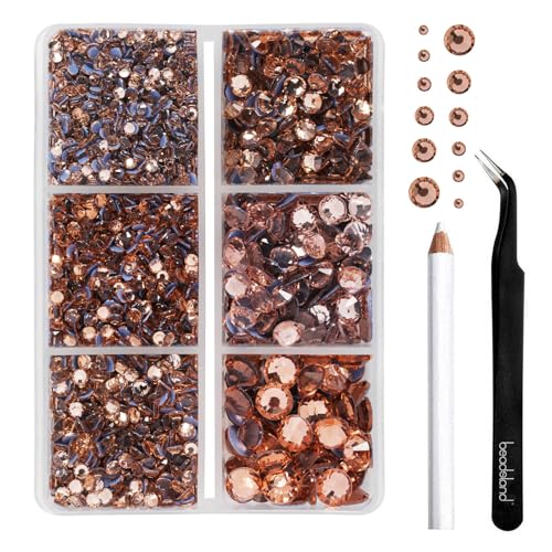 Image of BEADSLAND Hotfix Rhinestones, 4000 PCS Light Peach Rhinestones for Clothes Crafts Mixed 6 Sizes with Wax Pencil and Tweezers Kit, SS6-SS30, Champagne