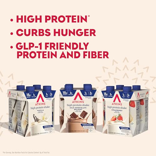Image of Atkins Best Sellers Protein Shake Variety Pack, Strawberry, Vanilla and Milk Chocolate Flavored Protein Shakes, 15g Protein, 3g Fiber, GLP-1 Friendly, 12 Count