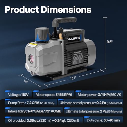 VIVOHOME A2L 3/4 HP 7.2 CFM 2 Stage HVAC Vacuum Pump with Sparkless Motor by VIVOHOME - Image 7
