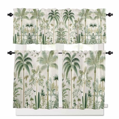 Green Palm Tree Kitchen Curtains 24 Inch Length, 3 Piece Rod Pocket Small Half Tiers and Valance Set, Summer Beach Cactus Small Large Window Treatment Decor for Bedroom/Bathroom Sink
