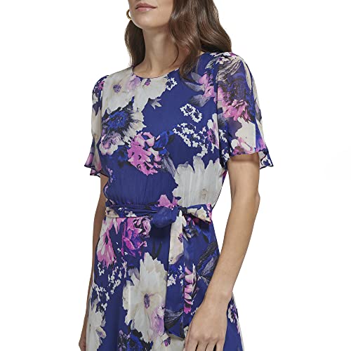 Dkny Women's Chiffon Godet Sleeve And Skirt Midi Dress, Blue/Raspberry, 4 #TOP3