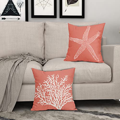 Coastal Coral Throw Pillow Covers 18x18 Inch Set of 2 Starfish Beach Nautical Pillow Covers Summer Farmhouse Pillowscase Linen Square Cushion Covers for Sofa Couch Bedroom Living Room Home Decoration - Image 8