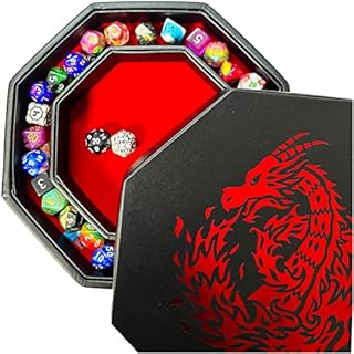 Fantasydice- Fire Dragon - Dice Tray - 20CM Octagon with Lid and Dice Staging Area- Holds 5 Sets of Dice(7 / Standard) For All Tabletop RPGs Like D&D , Call of Cthulhu, Shadowrun. (RED)