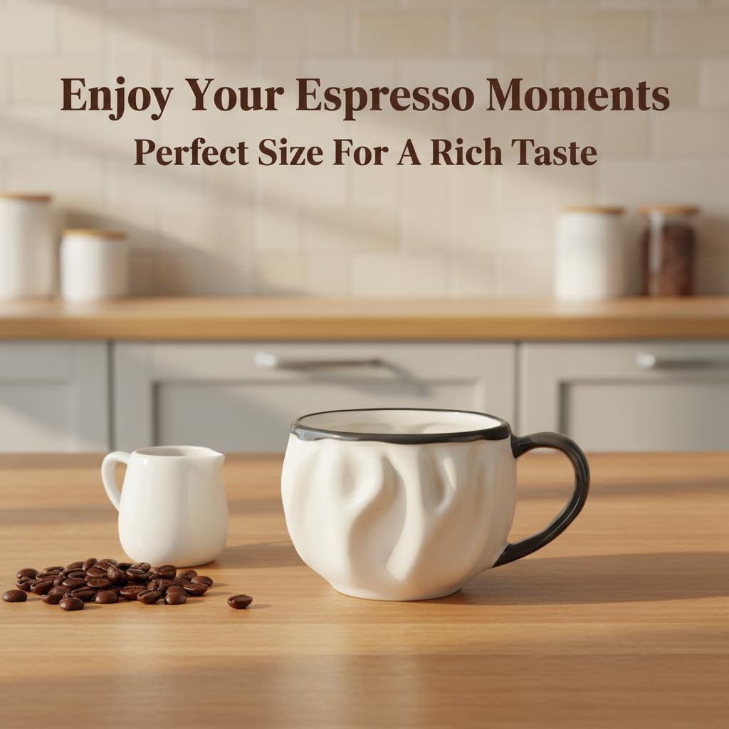 Modern ceramic Italian espresso cup set, white Demitasse cup, 5-ounce heat-resistant mug, lead-free, irregular design, suitable for microwave heating, Set of 4.