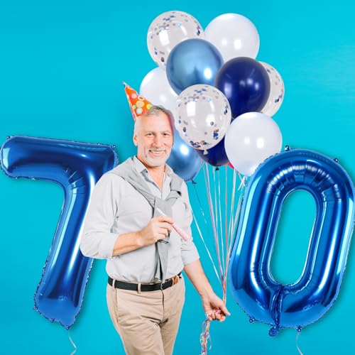 Image of Giant Number Foil Balloon 70, Dark Blue Self Inflating 70th Birthday Balloon for Men, 40'' 70 Balloon Light Navy Blue with Metallic Silver Confetti Balloon for Anniversary Party Decorations Supplies