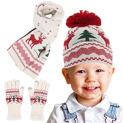 Conjunto de luvas de lenço de chapéu para crianças, Natal Plush Forrado Malha Outfit para Inverno, C