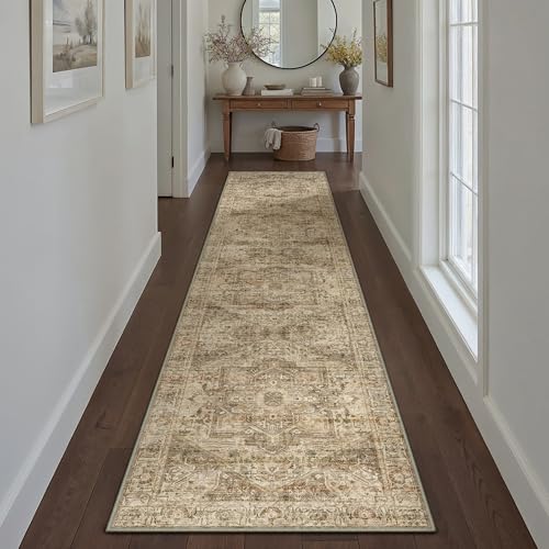 Brown Runner Rug 3x10 Vintage Area Carpet Hallway Long Indoor Kitchen Washable Living Room Low Pile Traditional Distressed Retro Accent Throw Rug Non Slip Laundry Bathroom Office Dining Room