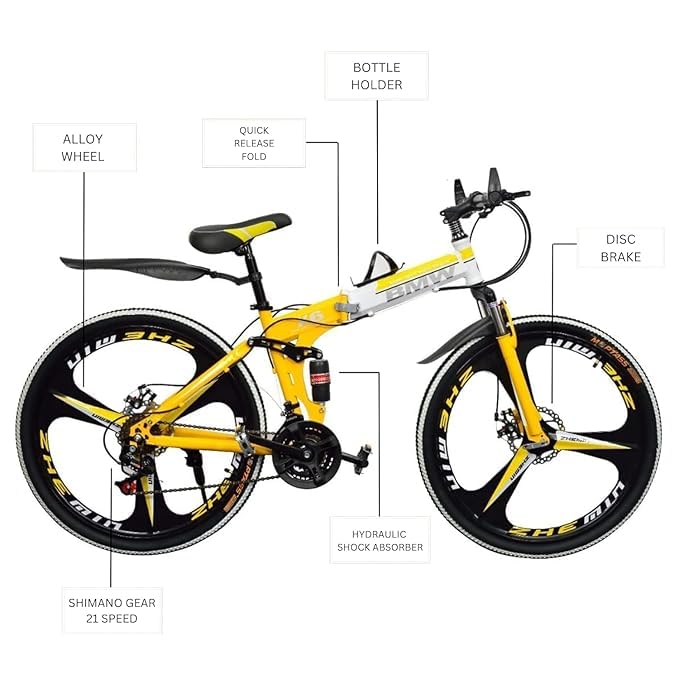 Image of Amaze Kai Dual Suspension Bikes Bmv Foldable Gear Cycle for Men with 21 Speed Gear 3 Spoke | Folding Mountain Bike with Double Disc Break & Mac Wheel, 26 Inch (Yellow)