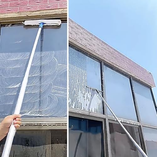 Rasqueta Limpiacristales Sistema de Limpieza de Ventanas con Pértiga de 12 M, Herramienta para Limpiar Vidrios de Ventanas Exteriores con Pértiga Extra Larga, Escobilla de Goma 2 en 1 para Puertas de