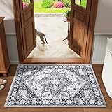 HOMORE 2x3 Entryway Gray Rug for Bedroom,Small Washable Throw Rug for Living Room Kitchen Office Indoor Door Farmhouse Perfect for Home Decor Vintage Floral Low Pile Non-Slip Rugs