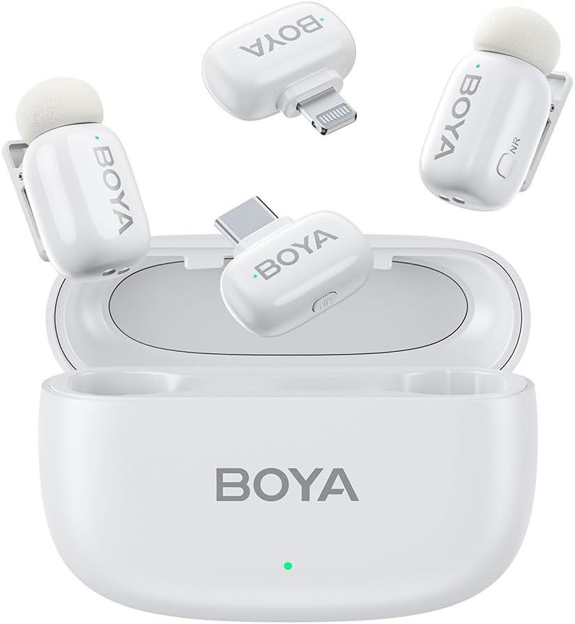 Boyamini Wireless Lavalier Microphone for iPhone/iPad Android Device with 2 Plugs&2 Ultra Mini Mics with 30H Usage, AI Voice Change, Lapel Microphone for Vlog, Streaming, TikTok, YouTube(White)