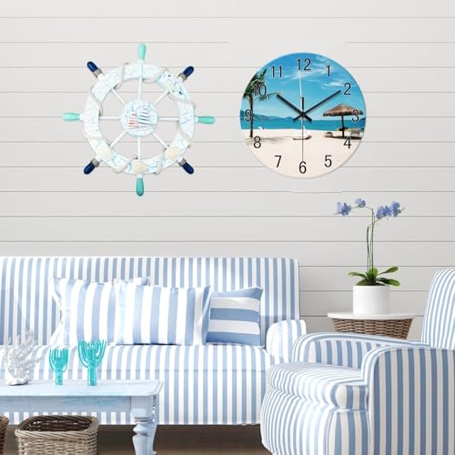 Image of Blue Beach Wall Clock Battery Operated 16 Inch Tropical Coastal | Round Glass Silent Non Ticking Analog Nautical Wall Clocks for Bedroom Living Room Office Kitchen Decor