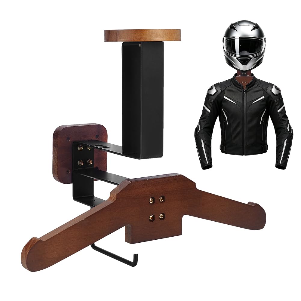 NBEADS Soporte de pared para casco de motocicleta, de hierro y madera, 322,5 x 380 x 208,5 mm, organizador de exhibición de casco resistente con gancho de engranaje para motocicleta, fútbol, esquí