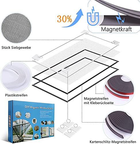 Fliegengitter Fenster Magnet,Slotmodell Fliegengitter für Fenster Max Größe 130 x 150cm， Glasfasernetz Einfache Installation Verhindert das Eindringen von Insekten/Fliegen/Moskitos in den Raum
