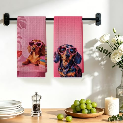 Image of 4 Pcs Pink Funny Dachshund Hand Towels, Dachshund Gifts Reusable Dish Towel | Waffle Weave Absorbent Hand Towel for Kitchen Bathroom Decor, Cute Weiner Dog Gifts for Women Mom Friend 24x14 Inch