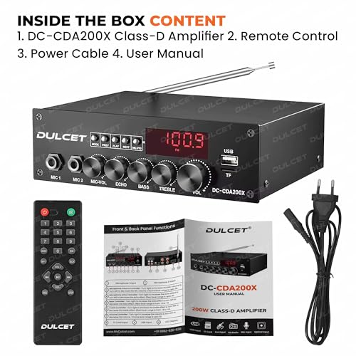 Image of Dulcet DC-CDA200X Hi-Fi Class-D 200W Dual Channel Stereo Amplifier | Bluetooth, USB, TF Card, FM, AUX, RCA, Mic, Optical & Coaxial Input | Mic & Echo Control | Built-in Equalizer | Big LED Display