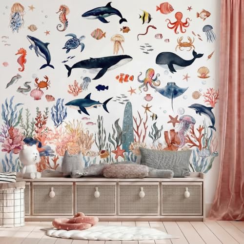 Calcomanías de pared de animales oceánicos acuarela x9 hojas miniatura 1