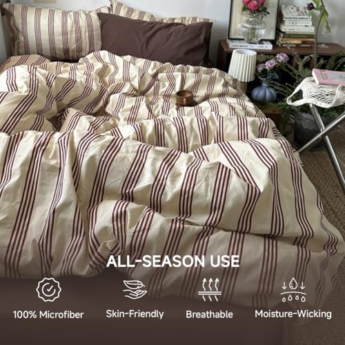 Image of Duvet Cover Set Full Size,Brown White Striped Patterned Bedding Set for Girls Boys,Modern Soft Breathable Microfiber Comforter Cover 3 Pieces with Zipper Closure and 2 Pillow Shams