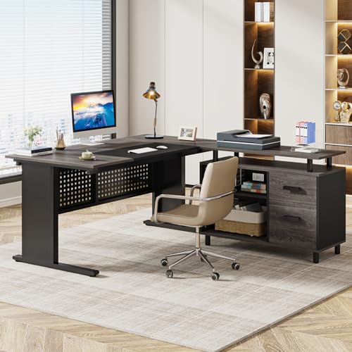 Image of Tribesigns 63 Inch Executive Desk with File Cabinet | Office Desk with File Drawer, L Shaped Desk with Storage Shelf, Large Desk, Business Furniture Set, Gray and Black