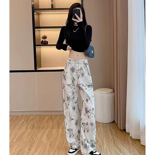 American Butterfly Print Casual Pants, Loose Winter Cotton Wide Leg Pants, Retro Girl Hip-hop Street Thick Style3
