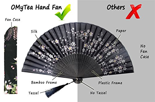 OMyTea Folding Hand Held Fan for Women Chinese/Japanese Vintage Retro Style - with a Fabric Sleeve for Protection (Little Sakura)