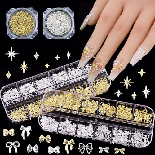 4 Boxes Nail Charms Star Bow Y2k Gold Silver Nail Art Beads Studs Metallic Nail Jewelry Decorations Sparkly Gems Manicure Supplies Accessories for Women DIY Craft