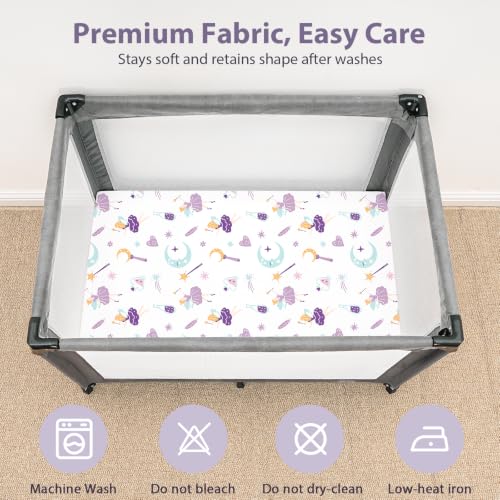 Image of Baby Mini Crib Sheets Girl, Portable 38 inchx26 inch Pack and Play Sheets Fitted for Playard and Pack N Play Mattress, 3-Pack Soft Microfiber Purple Magic Fairy