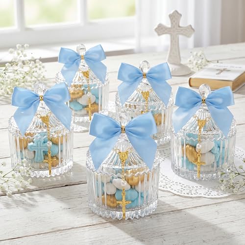 Chuangdi 6 Sets 24 Pcs Baptism Favors for Guests Crystal Candy Bowl Gifts with 6 Pcs Cross Rosary for Baptism Decorations Wedding Baby Shower Supplies First Communion Party(Light Blue) by Chuangdi - Image 2