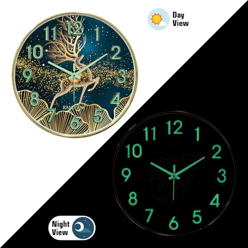Image of RANDOM Modern 12.75INCH Wall Clock with 3D Radium Numbers, Silent Non-Ticking, Premium Golden Frame, Ultra Clear Glass for Living Room, Home Office