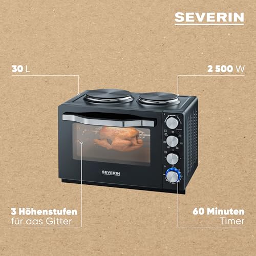 SEVERIN Back- und Toastofen mit Kochplatten, Ofen mit 30 L Garrauminhalt, mit Kochplatten zum Kochen, Grillen und Backen, Gesamtleistung 2500 W, schwarz, TO 2074 4