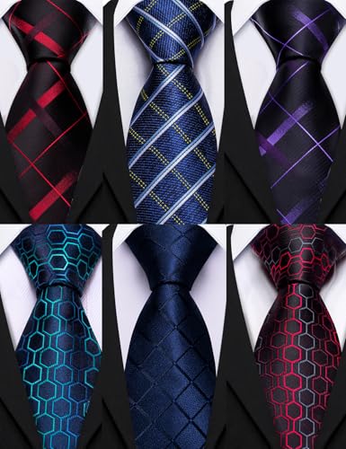 Image of Barry.Wang Mens 6 PCS Ties Silk Striped Paisley Check Floral Necktie Silky Woven Wedding Business Party Ties 3.34 inch
