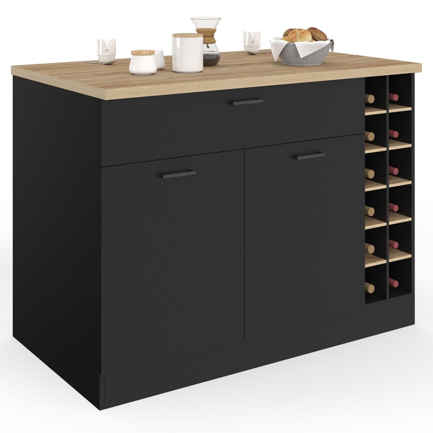 IDMarket - Ilot Central George avec Range-Bouteilles Placard et tiroir Bois Noir avec Plan de Travail façon hêtre