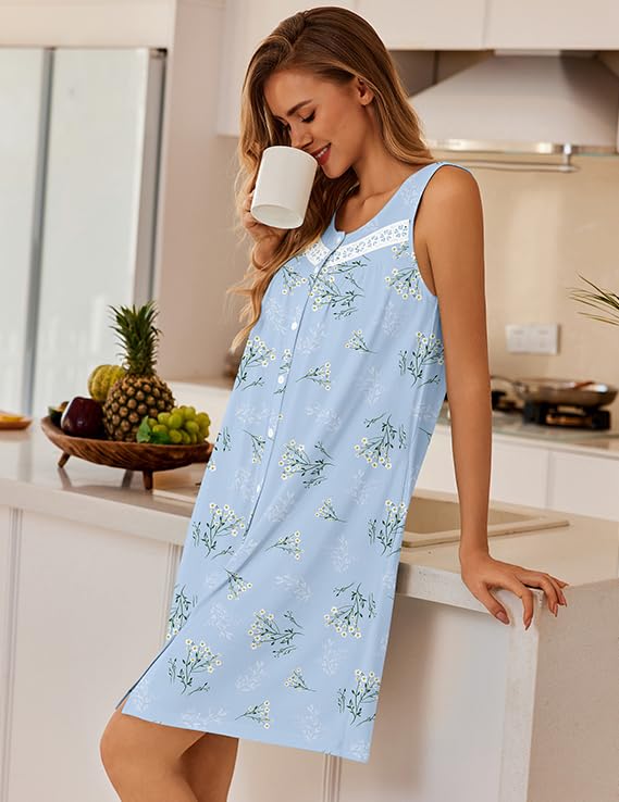 Image of Ekouaer Nightgowns for Women Sleeveless House Dress Button Sleep Dress