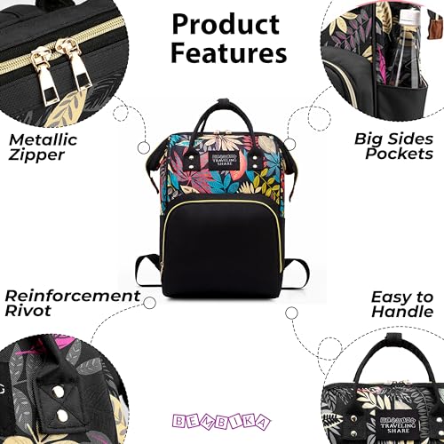 Image of BEMBIKA Diaper Bags for Mom and Dad, Diaper Bags for mom and Baby, Mummy Bag for Multi-Function Waterproof and Large Capacity Printed Leaf Design