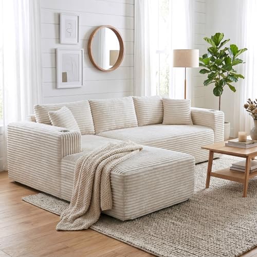 Image of Shintenchi Boneless Couches for Living Room,Modular Sectional Sofa with 2 Cup Holders,Memory Foam Cloud Couch with L Shaped Oversized Chaise,No Assembly Needed Plush Corduroy Sofa,White