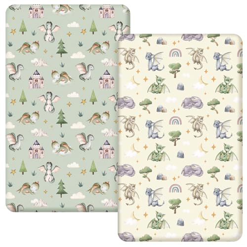 Image of Mindsoft 2 Pcs 24 in x 38 in Watercolor Dragon Infant Crib Sheets Set Mini Portable Crib Sheet Newborn Bedding Nursery Baby Sheets for Girl Boys Baby Gifts Breathable Only for Pack and Play
