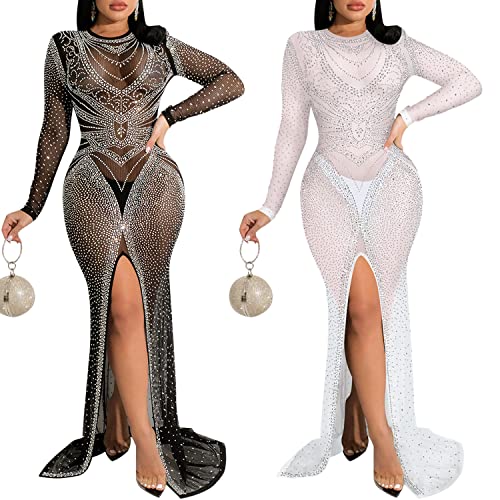 Image of PORRCEY Women's Sexy Elegant Rhinestone Mesh Party Club Night Mini Dress