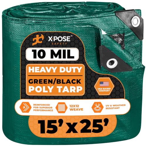 Image of Heavy Duty Poly Tarp 15 Feet x 25 Feet 10 Mil Thick Waterproof, UV Blocking Protective Cover - Reversible Green and Black - Laminated Coating - Grommets - by Xpose Safety