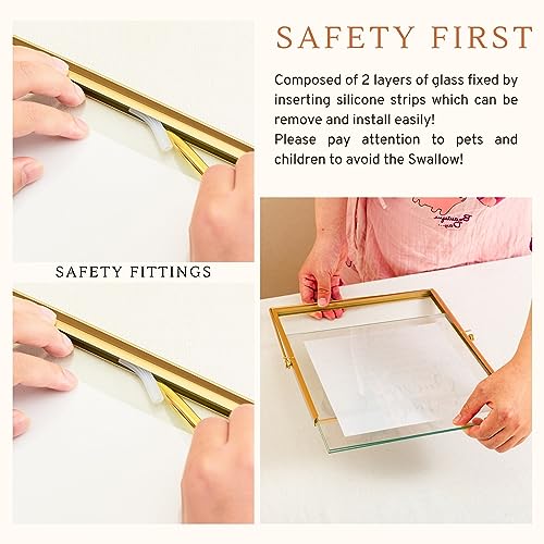 Image of Calculs Wedding Photo Guest Book Sign, 10x12 Gold Floating Picture Frame | Double glass metal frame, fits 8x10 insert, photo guest book station, reusable tabletop frame for signs and photos