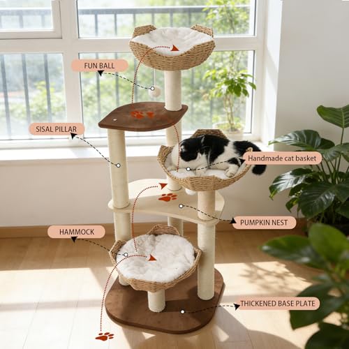 Torre para gatos moderna con cesta tejida y postes de sisal miniatura 3