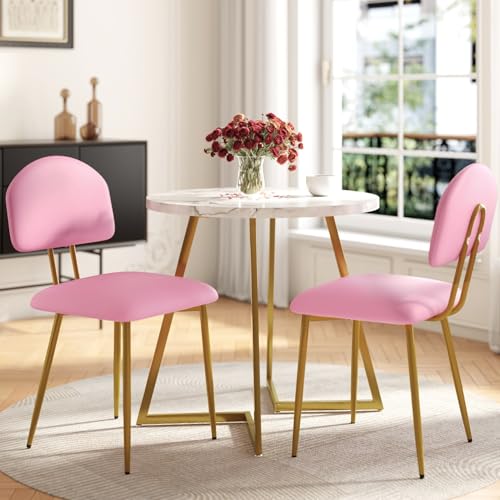 VECELO Dining Chairs Set of 2 Upholstered Kitchen Chairs with Extra Thick Cushion & Sturdy Metal Frame Faux Leather Chairs for Vanity Kitchen Living Room Pink